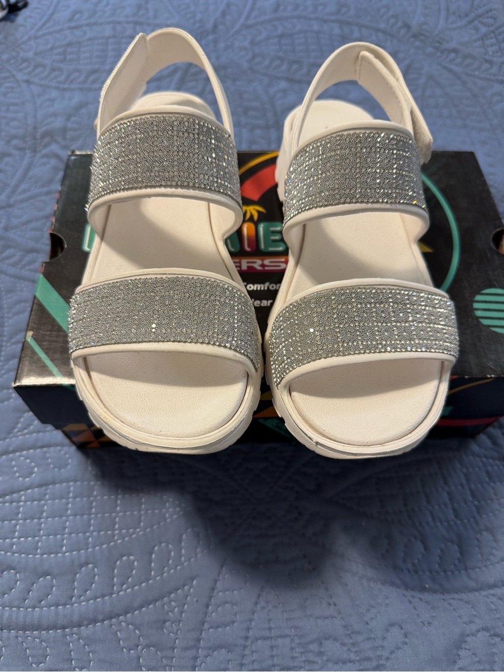 Women’s Sketchers White Slingback Sandals with Sparkle Straps.